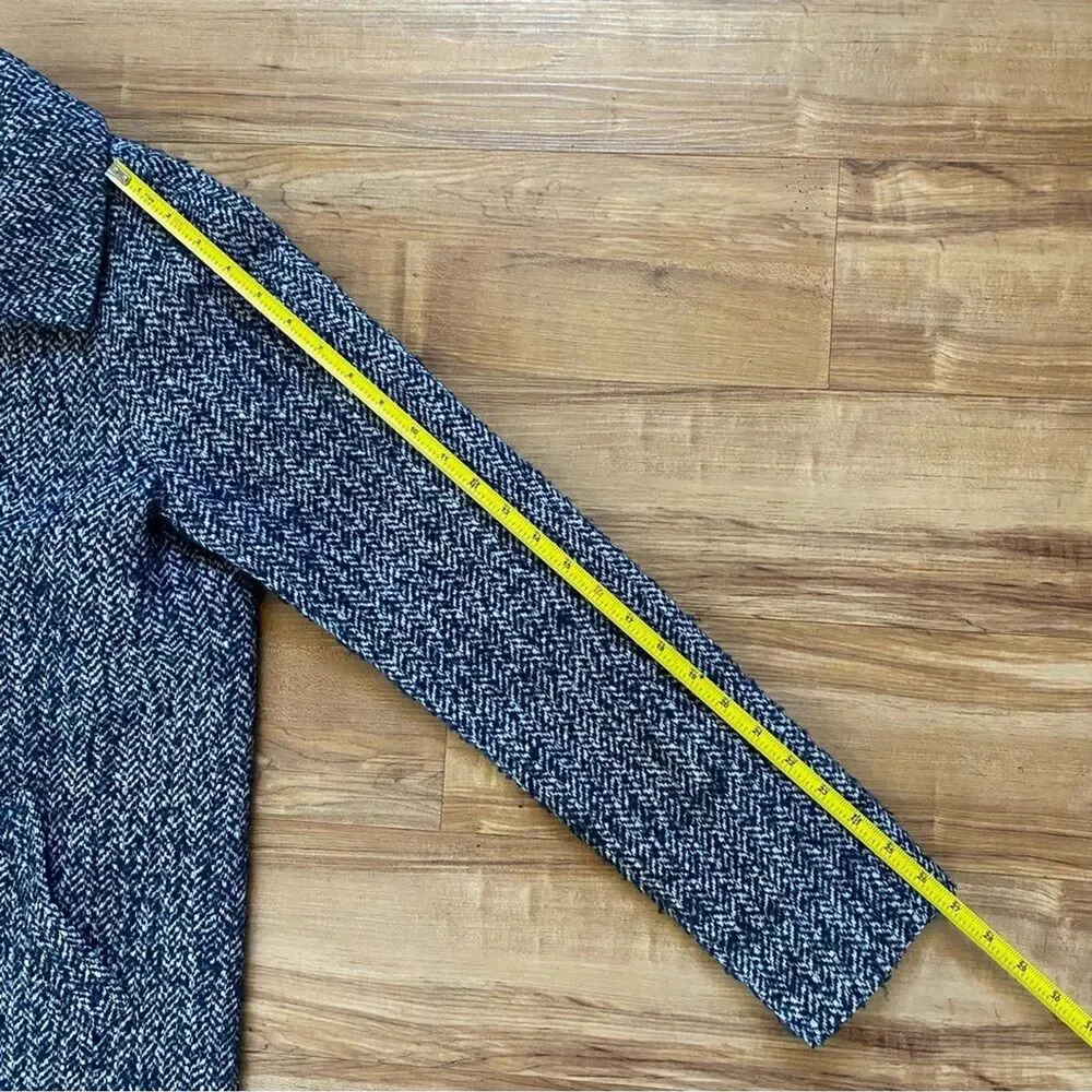 JACK WILLS 2 Womens Navy Blue Fuzzy Wool Tweed Herringbone Pea Coat Academia